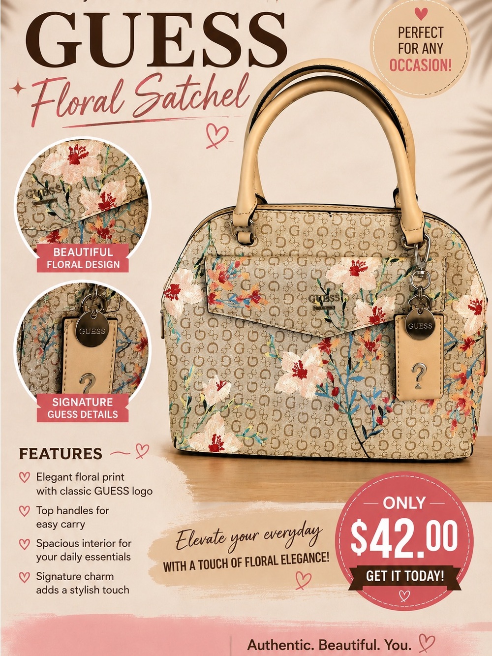 GUESS Beige Floral Satchel with Red and Blue Accents